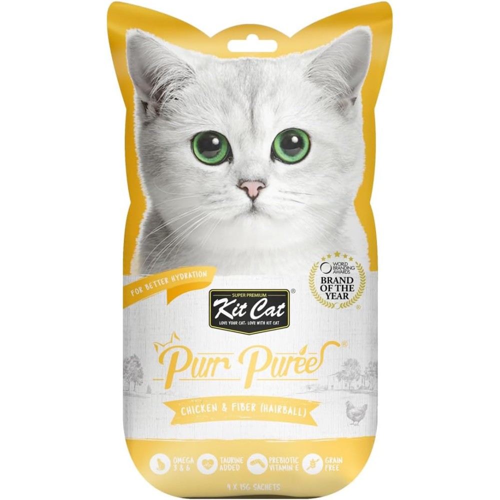 Kit Cat Purr Puree Chicken & Fiber Hairball Wet Cat Treat Tubes 4x15g – Grain-Free