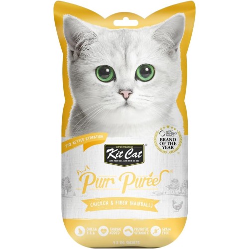 Kit Cat Purr Puree Chicken & Fiber Hairball Wet Cat Treat Tubes 4x15g – Grain-Free