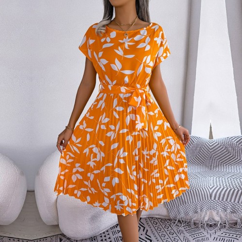 Floral Pleated A-Line Dress – Women’s Chic High-Waist Summer Casual Dress