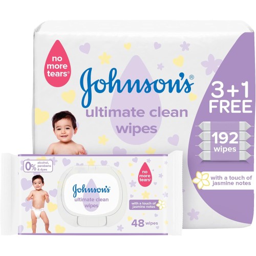 Johnson's Baby Wipes - Ultimate Clean, Gentle Care for Delicate Skin, 3+1 Packs (192 Total Count)