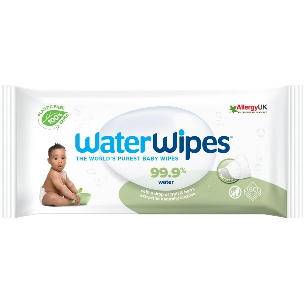 WaterWipes Plastic Free Textured Clean Baby & Toddler Wipes, 60 Count, 99.9% Water Based, Unscented