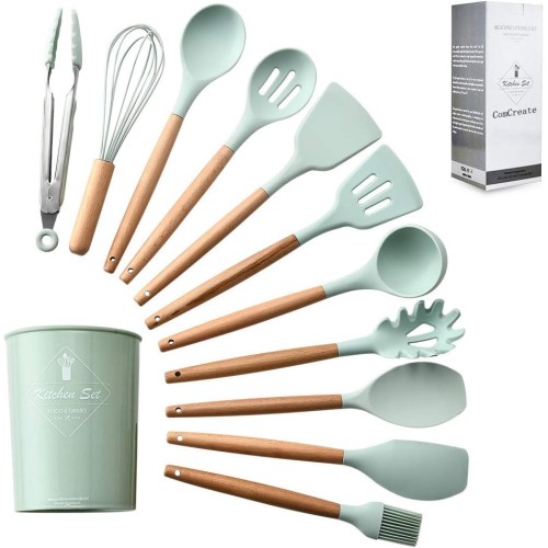 ComCreate 11-Piece Silicone Kitchen Utensils Set with Wooden Handles for Nonstick Cookware