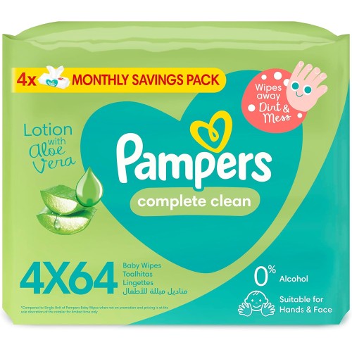 Pampers Complete Clean Baby Wipes, with Aloe Vera Lotion, 4 Packs, 256 Wipes