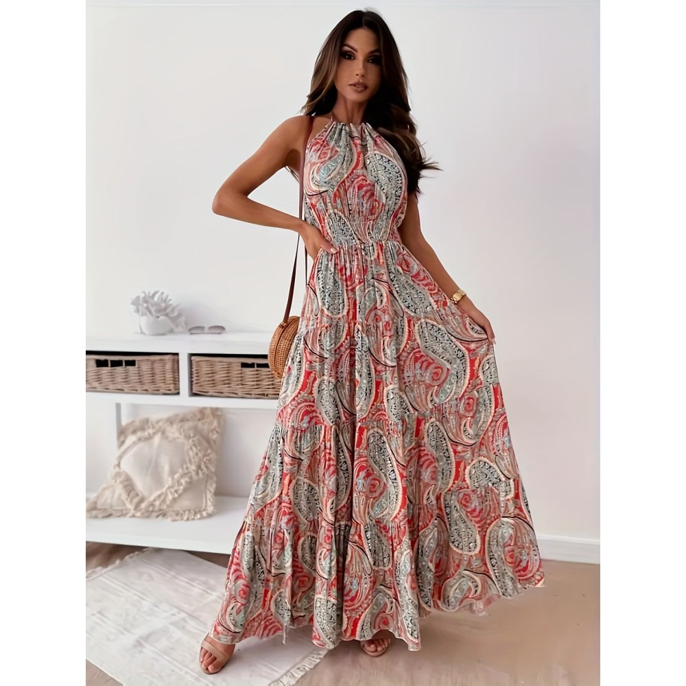 Elegant Contrast Color Long Beach Dress – Loose Fit Bohemian Summer 2024 Women's Maxi Dress