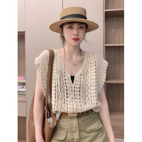 Women’s Sexy Knitted Cotton Crochet Top – Vintage Hollow Out Sleeveless Summer Tee