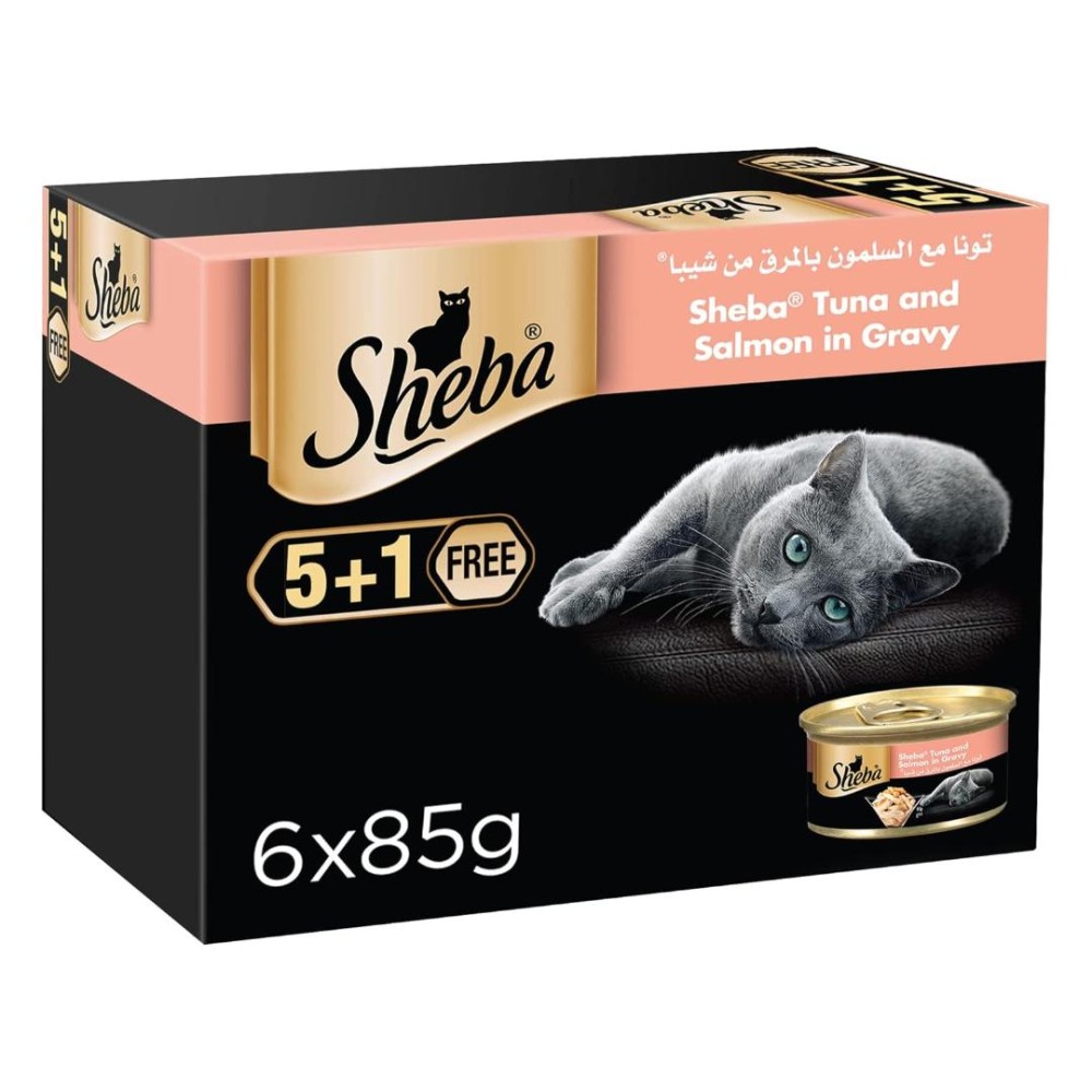 Sheba Tuna & Salmon in Gravy Cat Food – 5+1 Pack, 6 Cans of 85g Each