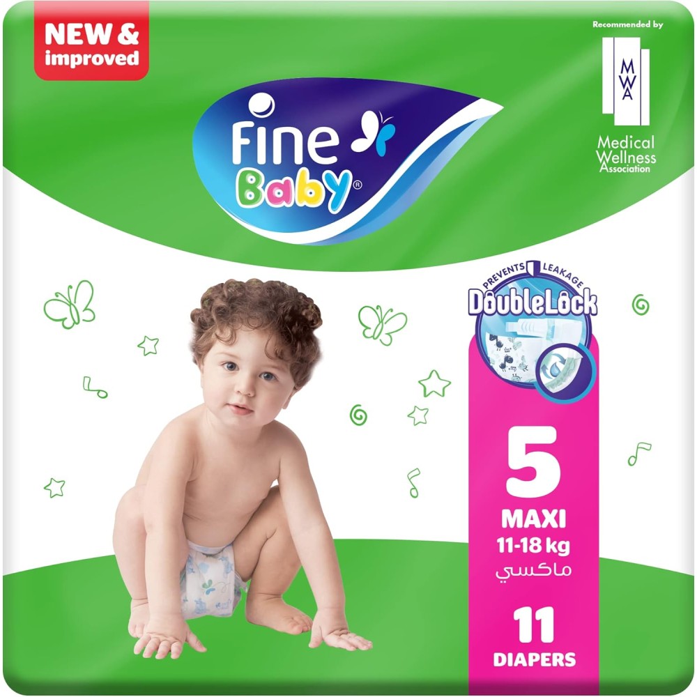 Fine Baby Diapers, Size 5, Maxi (11-18 kg), 11 Diapers – Soft, Hygienic, and Rash-Free Comfort