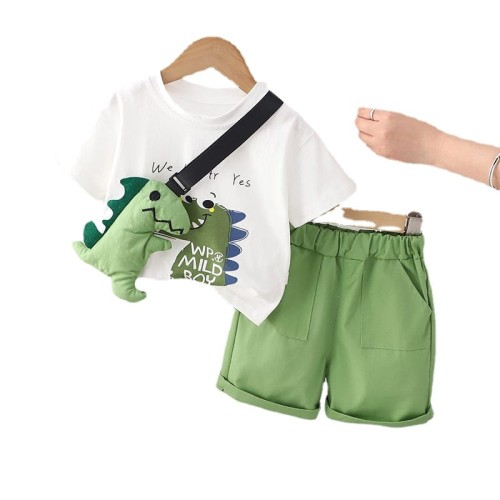 Summer Casual Dinosaur Toddler Outfit for Boys, Cotton 2-Piece Set with Short Sleeve Tops and Pants