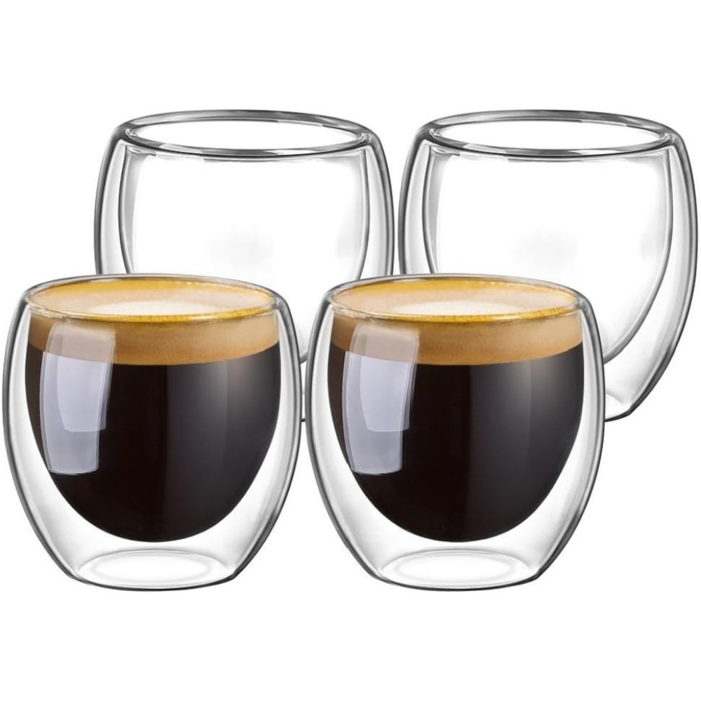 DomoWin Double-Walled Glass Espresso Cups – 80ml, Set of 4, Microwave Safe