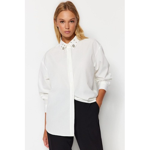 Oversized Ecru Woven Shirt with Stone Collar Detail – Casual Chic