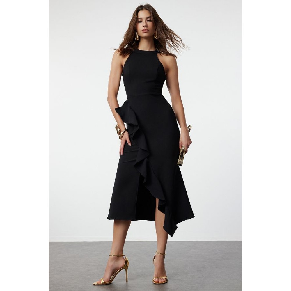 Trendyol Collection Flounced Black/Red Evening Dress – Elegant Wrapover Midi Halterneck