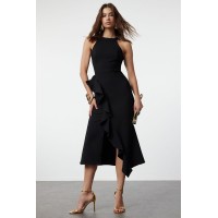 Trendyol Collection Flounced Black/Red Evening Dress – Elegant Wrapover Midi Halterneck