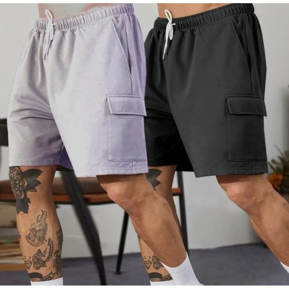 FAVORİST 2-in-1 Summer Cotton Cargo Pocket Elastic Waist Sports Shorts