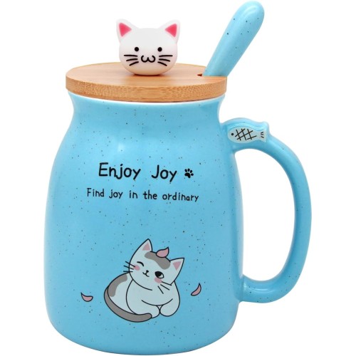 Angelice Home Blue Cat Mug with Lid & Spoon, Cute Ceramic Coffee Cup for Women