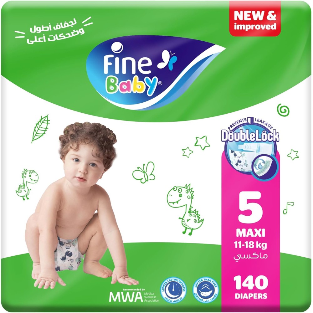 Fine Baby Diapers, Size 5, Maxi (11-18 kg), 140 Diapers – Superior Comfort & Protection