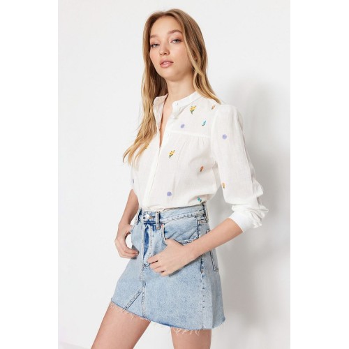 Women's Ecru Embroidered Woven Shirt with Regular Fit