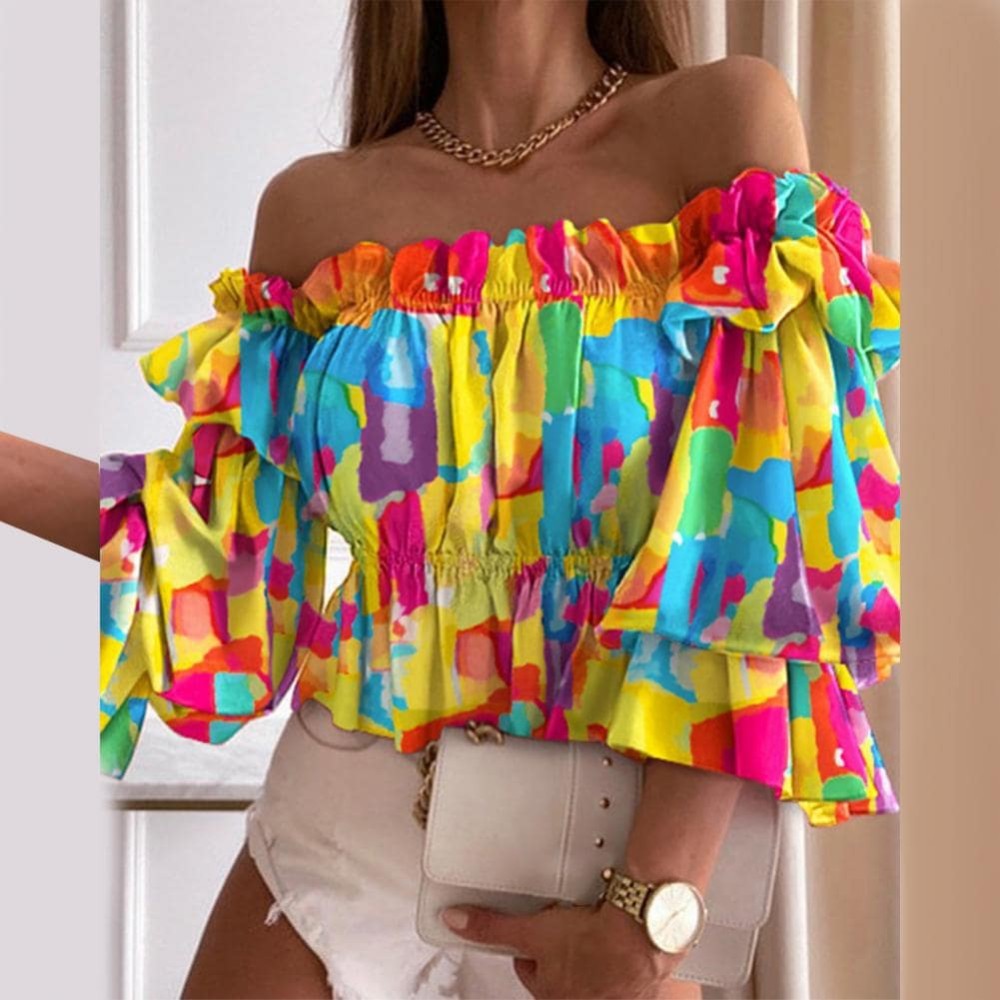 Women’s Flare Sleeve Blouse – Off Shoulder Multi-layer Ruffle Shirt with Colorful Prints