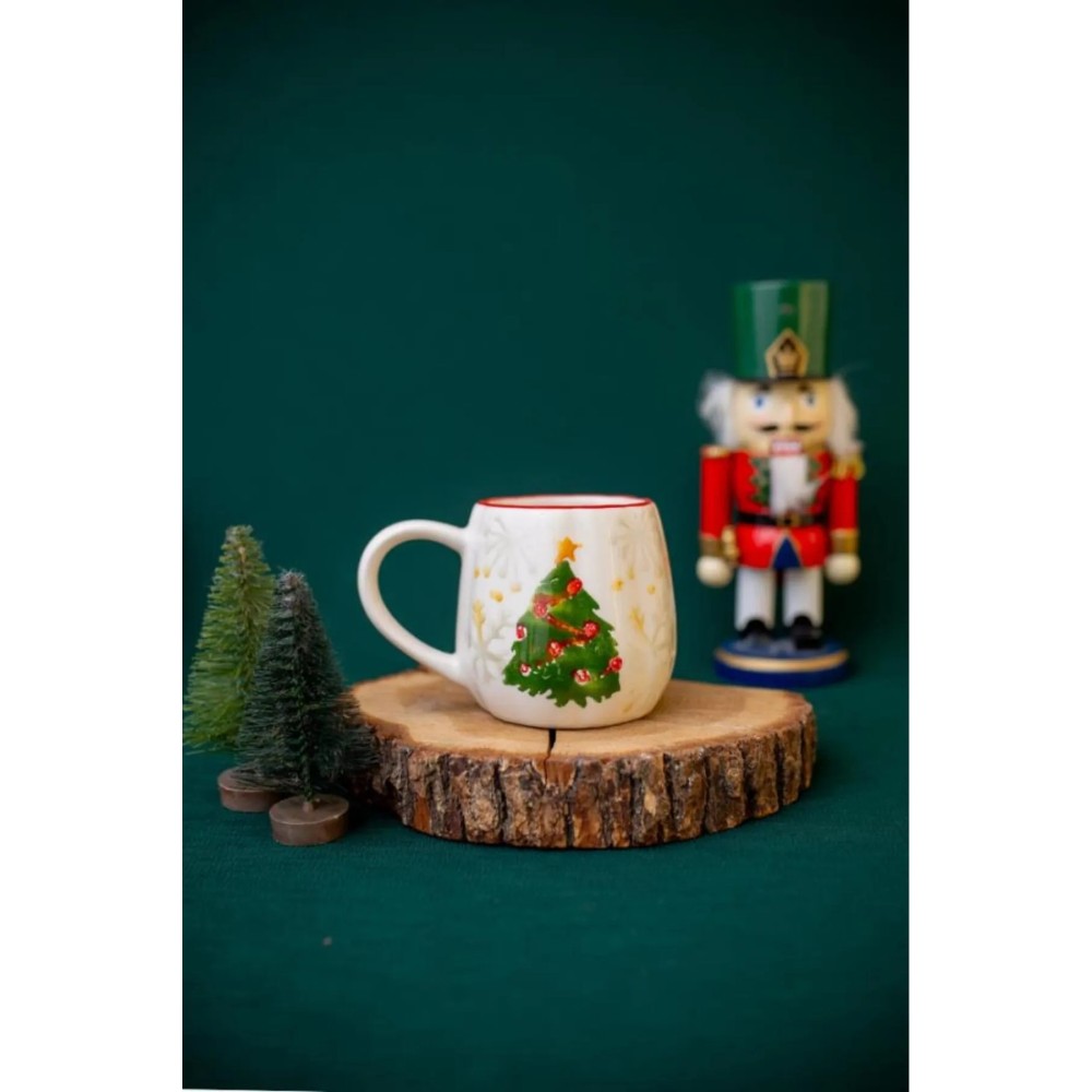 Flora Christmas Tree Patterned Mug - New Year's Gift Ceramic Cup, 300-399ml, Ecru