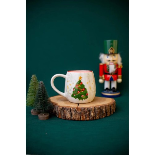 Flora Christmas Tree Patterned Mug - New Year's Gift Ceramic Cup, 300-399ml, Ecru