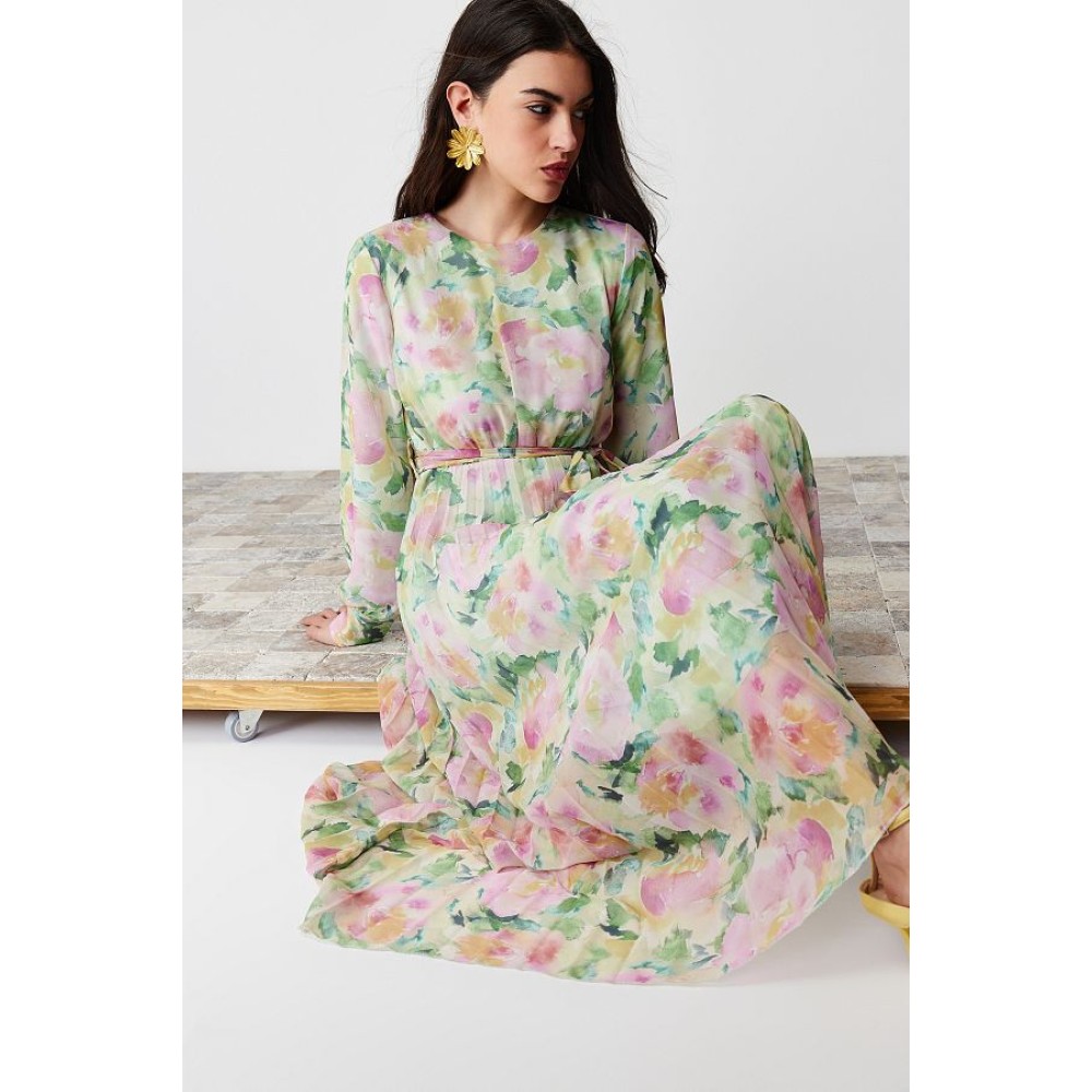 Light Green & Pink Floral Maxi Dress with Belt – Trendyol Modest Collection