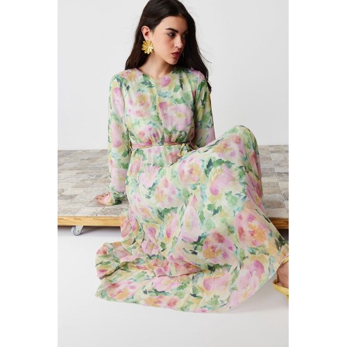 Light Green & Pink Floral Maxi Dress with Belt – Trendyol Modest Collection