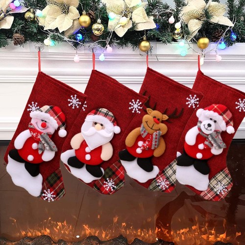 GGerou 4-Pack Christmas Stockings with 3D Santa & Reindeer Designs for Holiday Decor