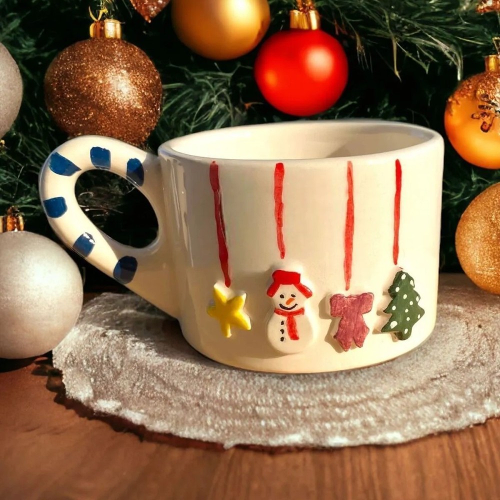 Handmade Ceramic Tea Coffee Mug – Christmas Snowman Pine Tree Design, 240ml