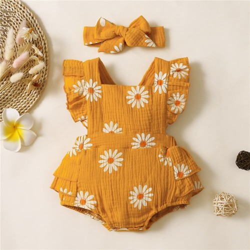 Infant Baby Girl Floral Ruffle Romper with Headband, Sleeveless Summer Bodysuit Outfit