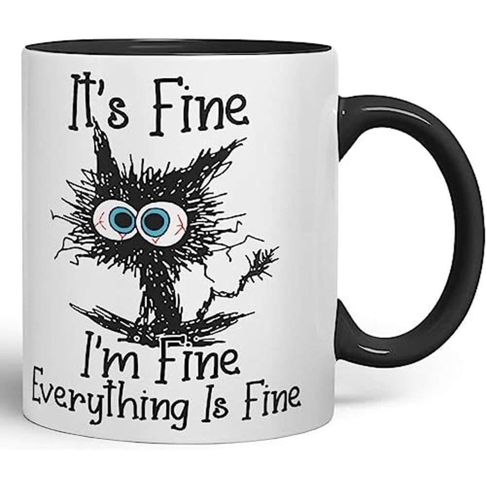 Vixar "It's Fine I'm Fine Everything is Fine" Cat Joke Mug, 11oz Ceramic, Black