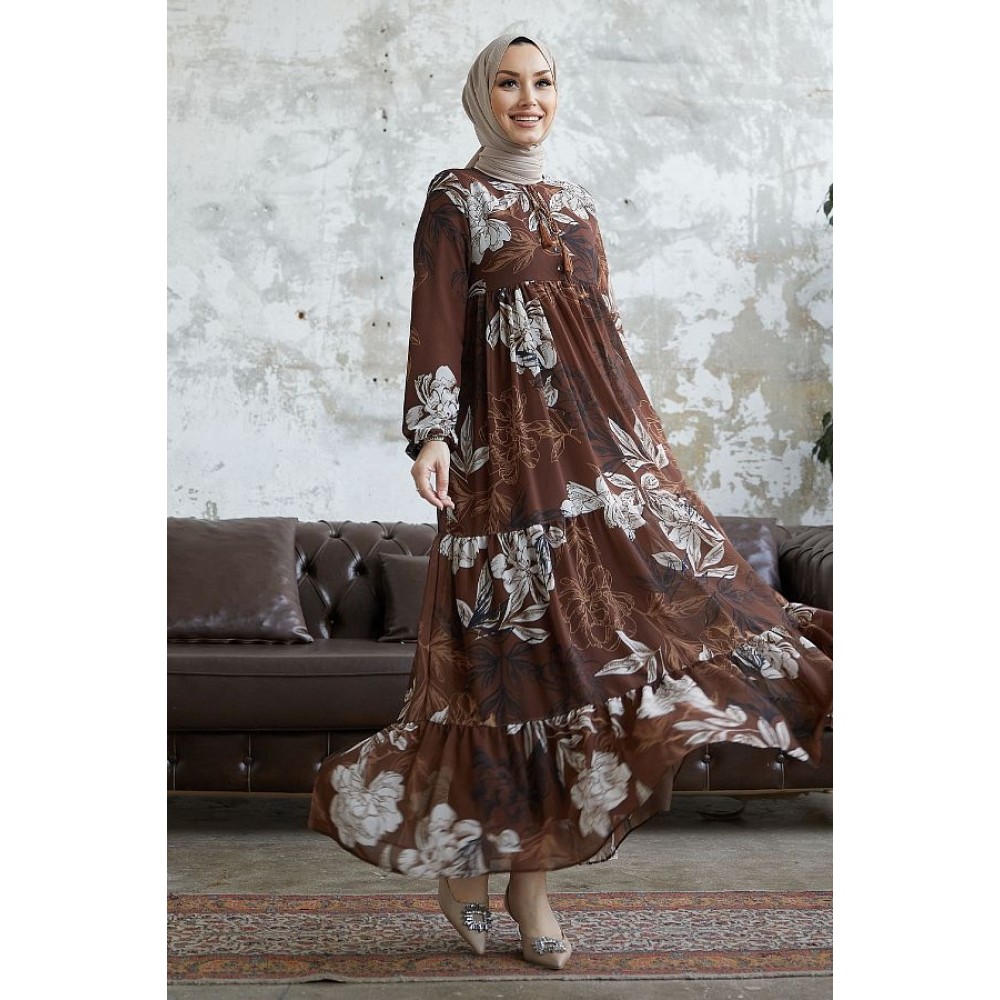 InStyle Jalya Buttoned Collar Chiffon Dress – Modest Floral Brown Maxi Outfit