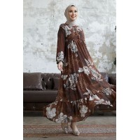 InStyle Jalya Buttoned Collar Chiffon Dress – Modest Floral Brown Maxi Outfit