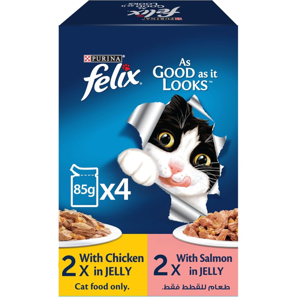 Felix Purina As Good As It Looks Adult Cat Food in Jelly - 2x85g Chicken Pouches + 2x85g Salmon Pouches