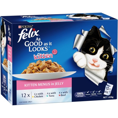 Felix Purina Kitten As Good As It Looks Kitten Menus in Jelly Wet Cat Food (85g, Pack of 60)