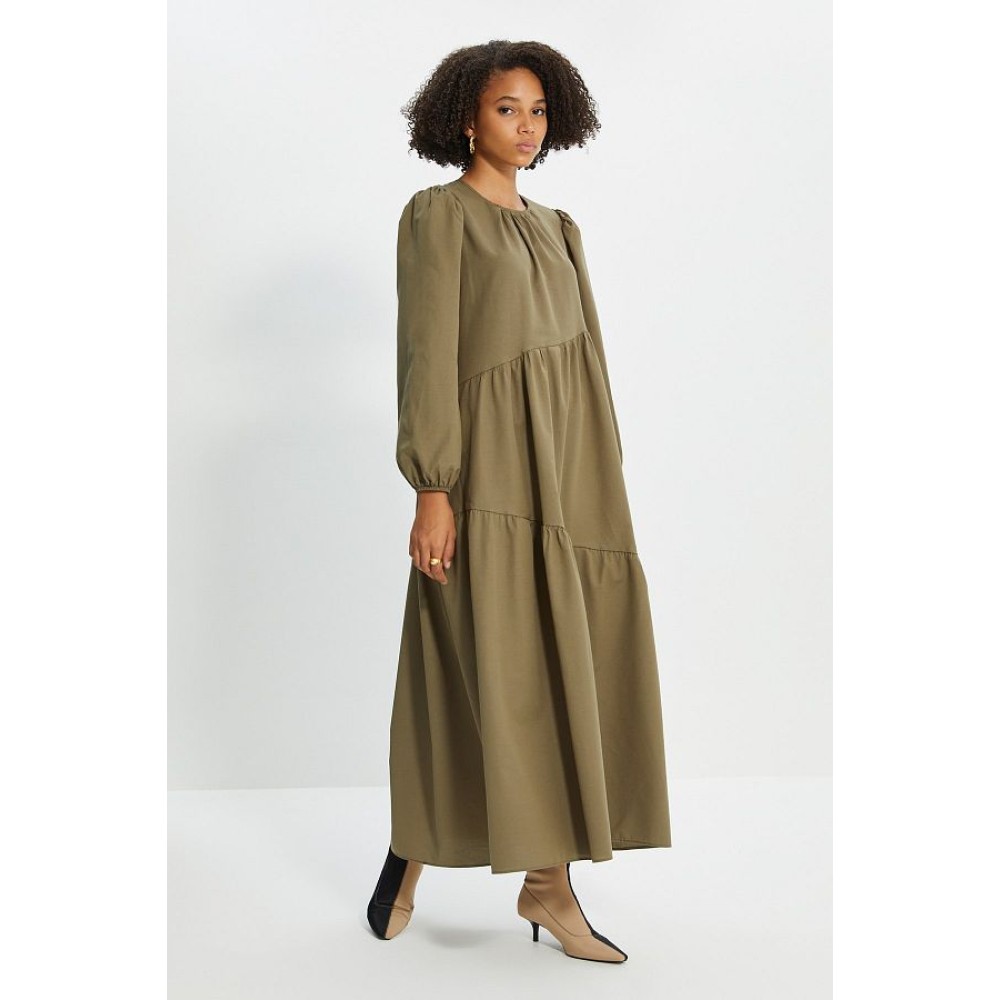 TRENDYOL MODEST Khaki Gather Detailed Cotton Maxi Dress – Effortless Modest Fashion