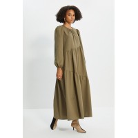 TRENDYOL MODEST Khaki Gather Detailed Cotton Maxi Dress – Effortless Modest Fashion