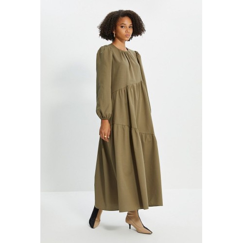 MODEST Khaki Gather Detailed Cotton Maxi Dress – Effortless Modest Fashion