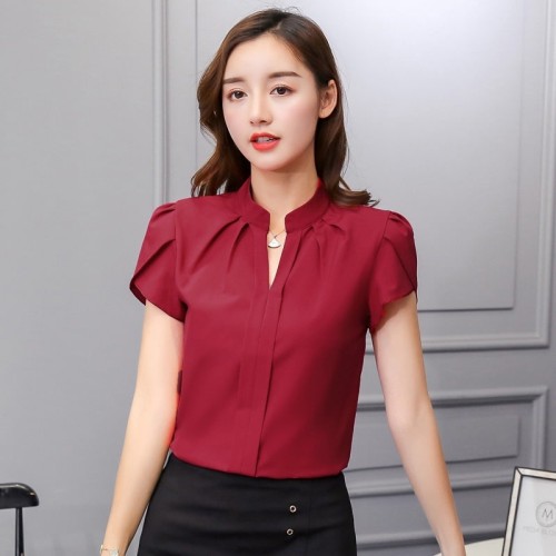 Women’s Short Sleeve V-Neck Chiffon Blouse – Casual Office Lady Shirt Tops