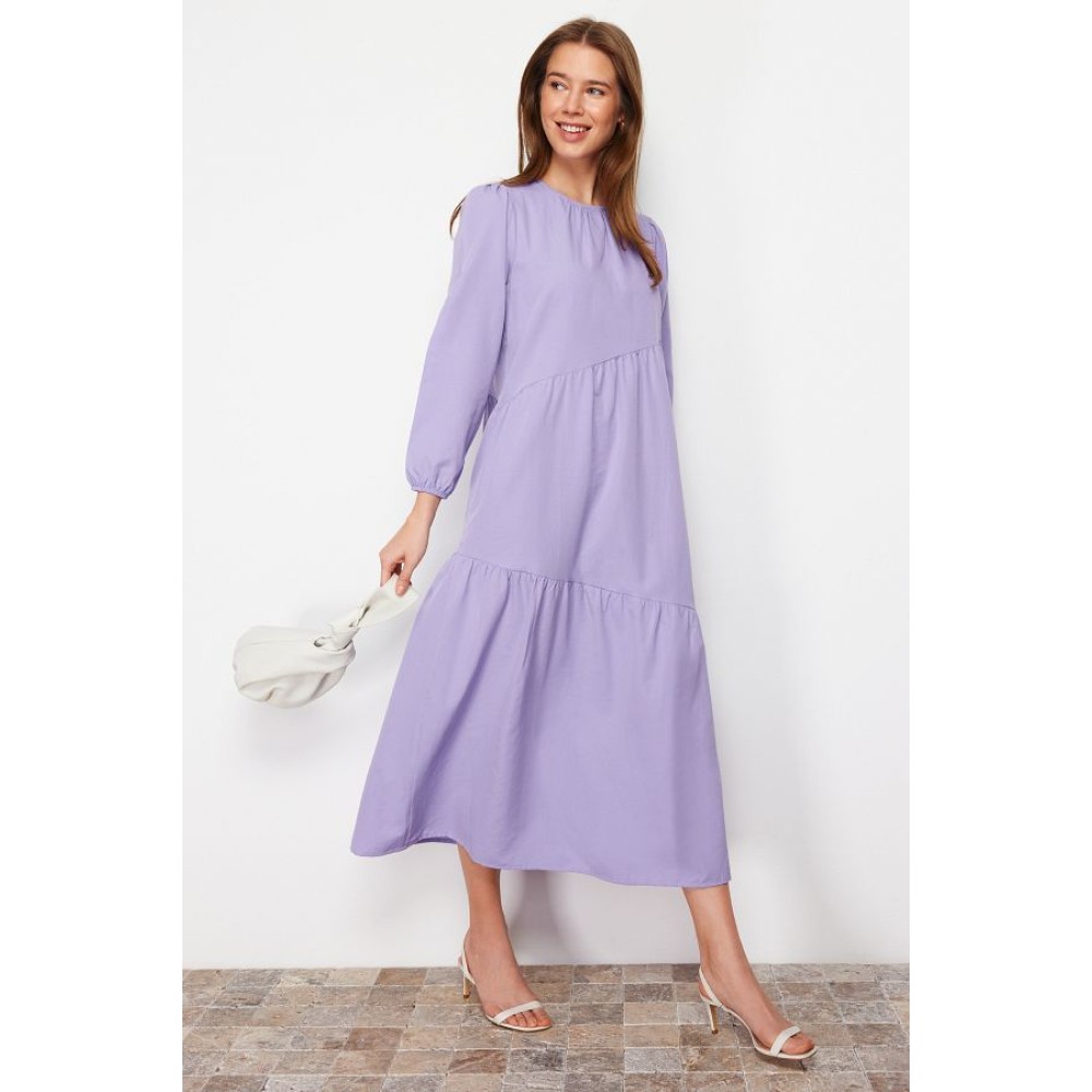 TRENDYOL MODEST Lilac Gather Detailed Cotton Maxi Dress – Elegant, Modest, and Comfortable