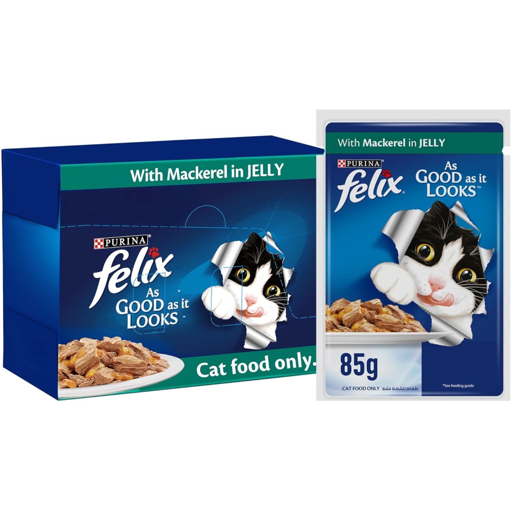 Felix Purina As Good As it Looks Adult Cat With Mackerel In Jelly 85g, Pack of 12