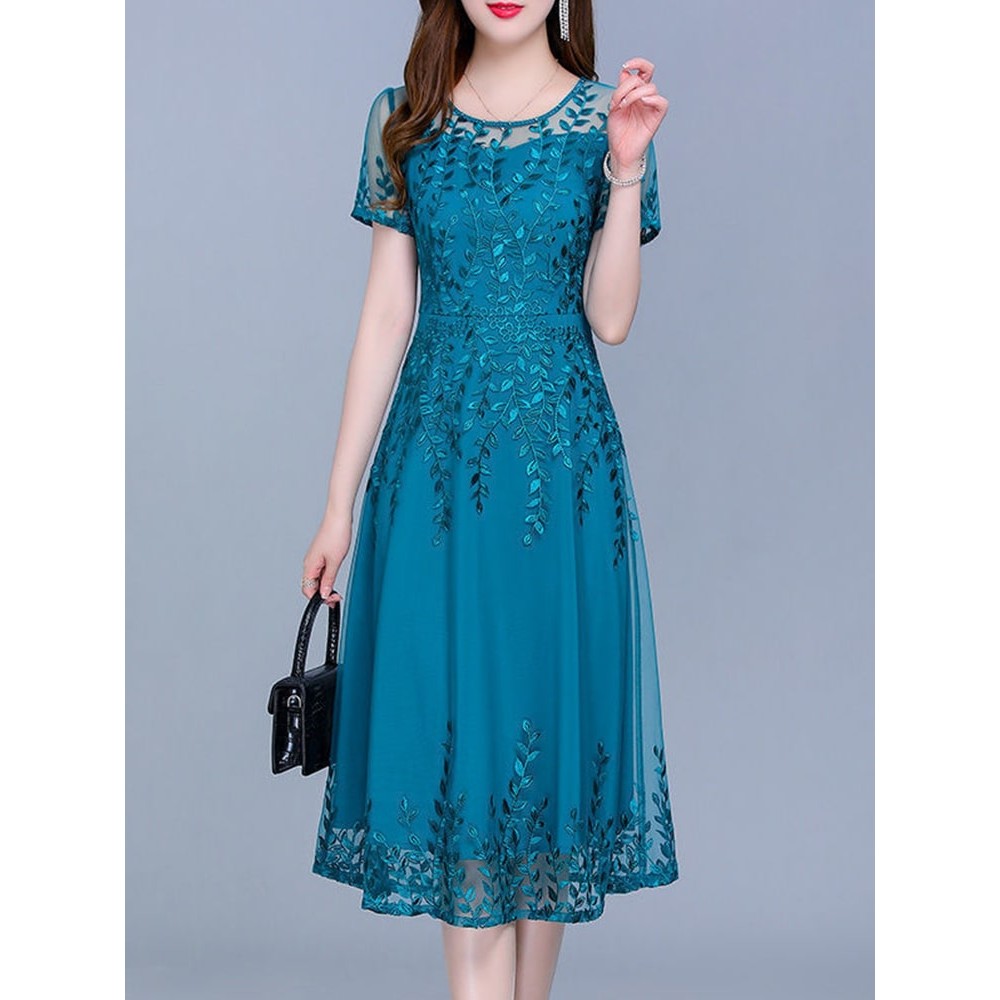 Blue Casual Chiffon Mesh Korean Long Dress – Elegant A-Line Midi Dress for Women