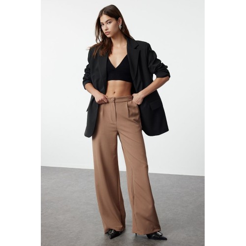 Trendyol Collection Mink Wide Leg Pleated Trousers – High Waist & Woven Fabric