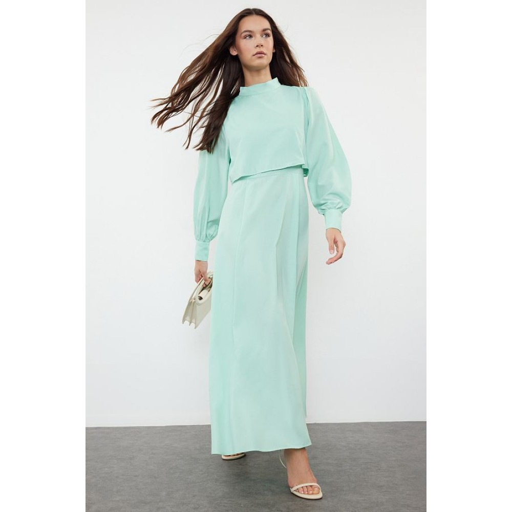 TRENDYOL MODEST Mint Woven Maxi Dress with A-Line Style and Standing Collar