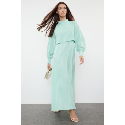 Mint Woven Maxi Dress with A-Line Style and Standing Collar