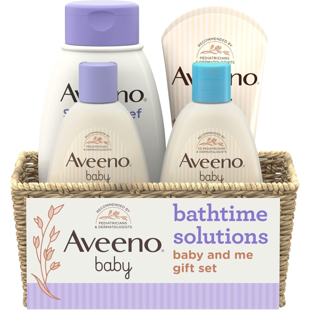 Aveeno Baby Mommy & Me Bathtime Gift Set | Baby Wash, Lotion, Stress | 4-Piece Soap-Free Set