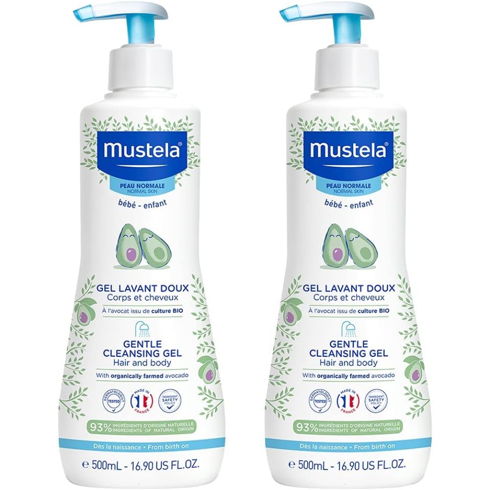 Mustela Baby Gentle Cleansing Gel - Hair & Body Wash with Natural Avocado & Vitamin B5 (Pack of 2 x 500ml)