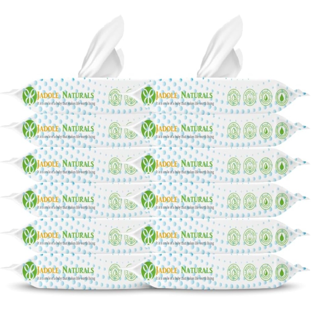 Jadole Naturals Baby Wipes 99.9% Water, Textured, Hypoallergenic & Unscented, 12 Pop-Top Packs (60 Wipes Each)