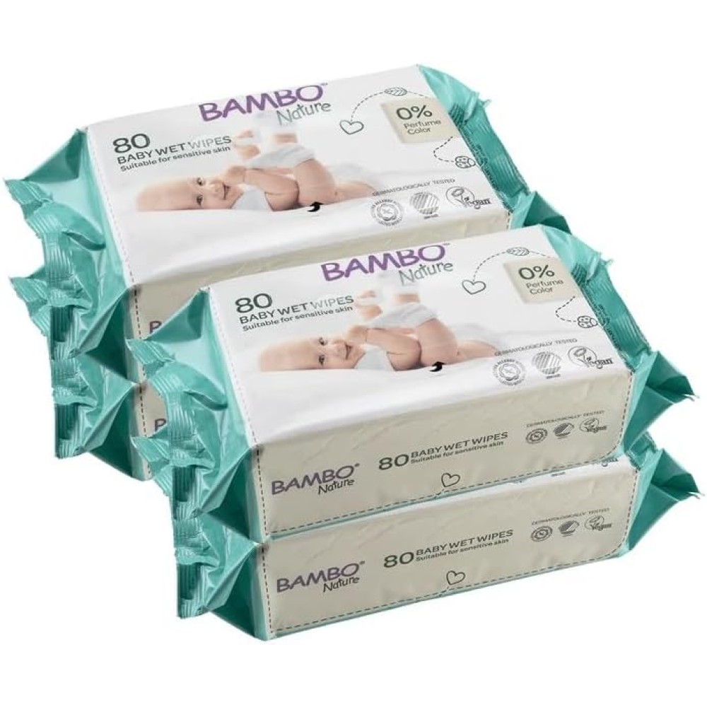 Bambo Nature Fragrance-Free Baby Wipes, 80 Wipes (Pack of 4), Hypoallergenic, Eco-Friendly & Chemical-Free