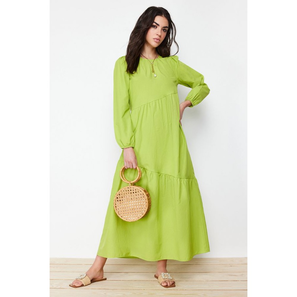 TRENDYOL MODEST Oil Green Gather Detailed Maxi Dress – Modest & Stylish Comfort