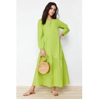 TRENDYOL MODEST Oil Green Gather Detailed Maxi Dress – Modest & Stylish Comfort