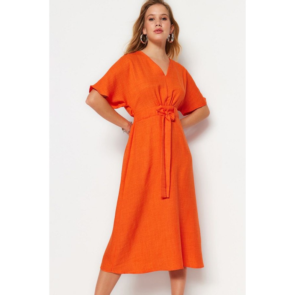 Trendyol Collection Orange Lacing Detail Midi A-Line Off-Shoulder Woven Dress